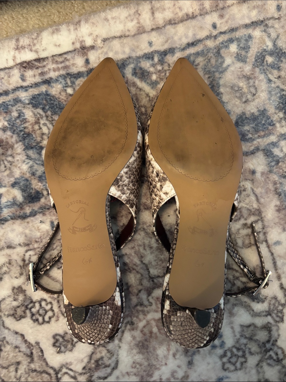 Franco Sarto Taupe and Black Snake-Print Pointed Slingback Heels - Picture 4 of 4